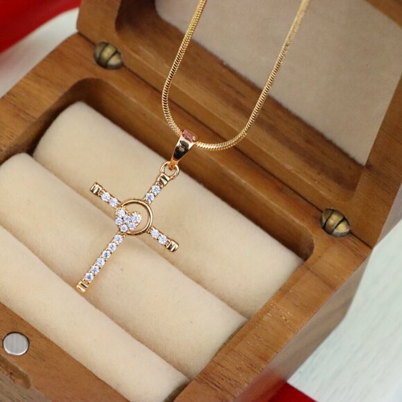 "Rose Gold Cross Pendant with Heart Accent and Sparkling CZ Stones, XPPT1818 - Picture 7 of 13